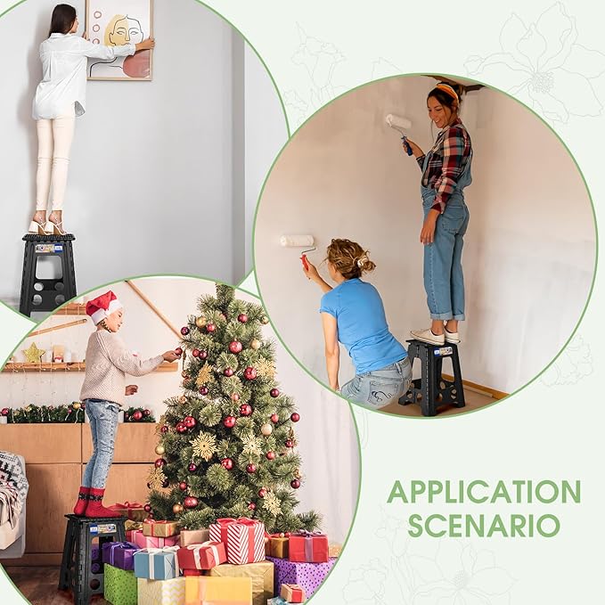 ACKO Folding Step Stool Foldable 17.5 Inch Stools for Adults and Kids,Plastic Stools Tall 400 lbs Capacity, Collapsible Stool for Kitchen, Stepping Foot Stool with Handle, Dot Black,1 PC