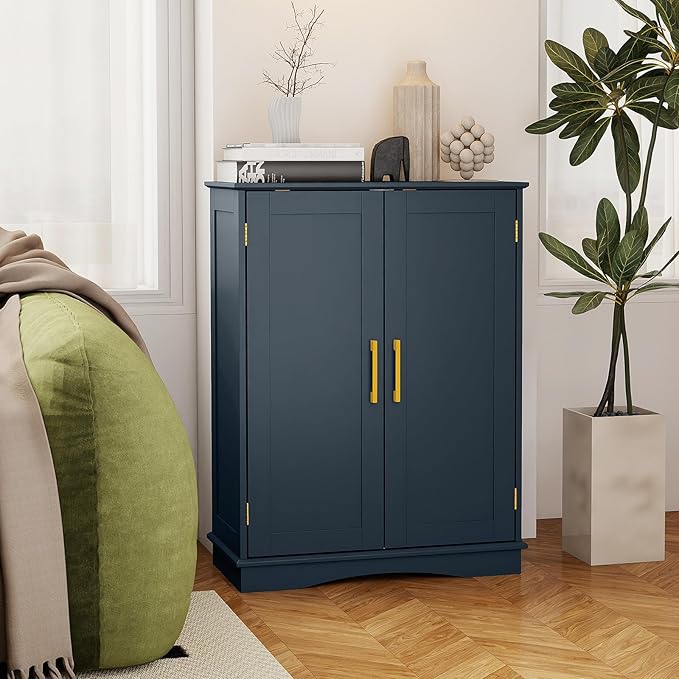 Tangkula Bathroom Floor Storage Cabinet, 31.5" H Freestanding Pantry Cabinet with 2 Doors and Adjustable Shelves, Kitchen Cupboard for Living Room, Dining Room, Bathroom (Navy Blue, 31.5" H)