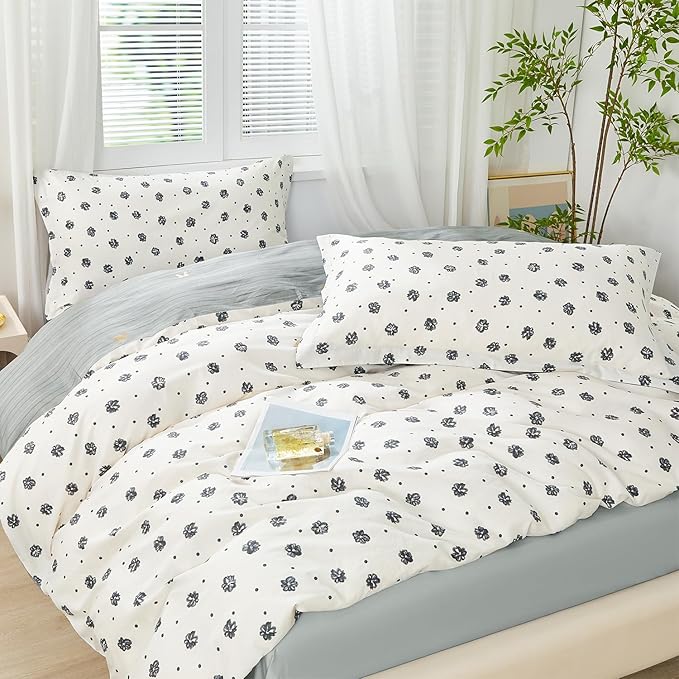 SAPHREAS Black Watercolor Floral Duvet Cover Set 3pcs King Size Botanical White Bedding Comforter Cover Set 100% Cotton 1 Duvet Cover 104"x90" 2 Pillow Shams, Comforter Not Included