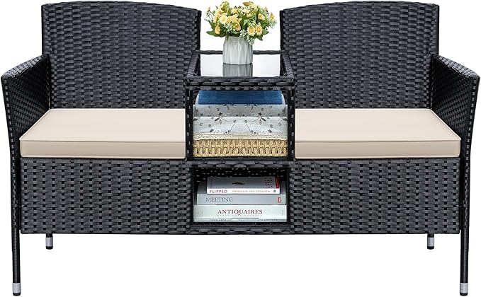 Greesum Patio Loveseat Outdoor Wicker Furniture Conversation Set with Soft Cushions & Built-in Coffee Table for Lawn Garden Backyard, Beige