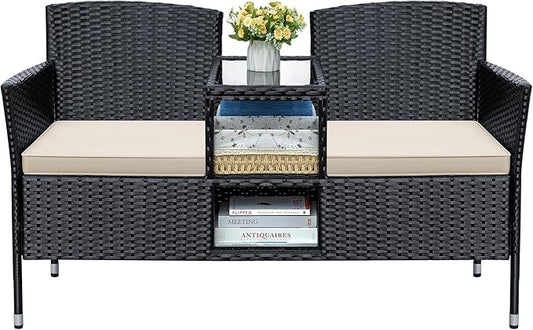 Greesum Patio Loveseat Outdoor Wicker Furniture Conversation Set with Soft Cushions & Built-in Coffee Table for Lawn Garden Backyard, Beige