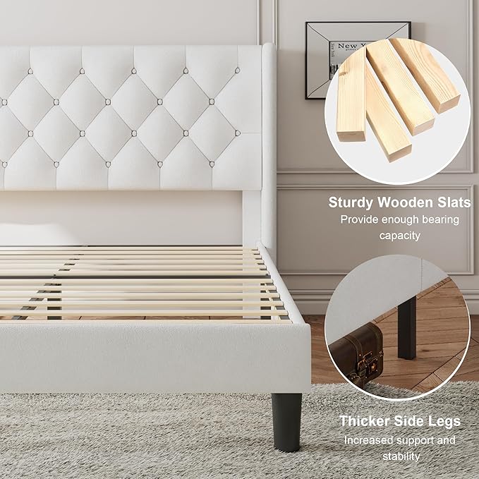 Feonase Queen Size Bed Frame with Diamond Tufted Wingback Headboard, Upholstered Platform Bed, Sturdy Wooden Slats Support, Noise-Free, No Box Spring Needed, Easy Assembly, White