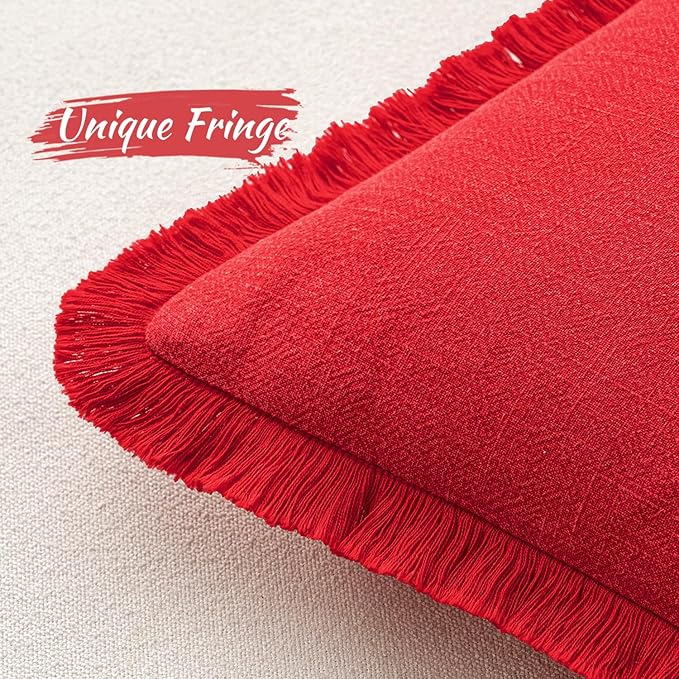 MIULEE Decorative Throw Pillow Covers Neutral Linen Fringe Throw Pillows Euro Shams Set of 2 Red Boho Farmhouse Cushion Covers with Tassels for Couch Sofa Bed Living Room Spring Home Decor 22x22 Inch