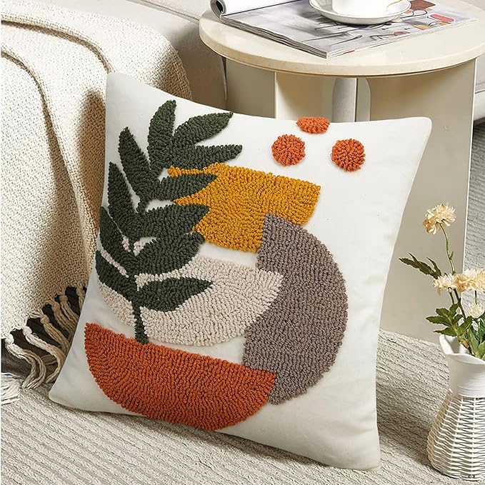 Merrycolor Boho Decorative Throw Pillow Covers Abstract Tufted Mid Century Modern Throw Pillows Green Leaf Sun Aesthetic Textured Pillow Cover Decorative Throw Pillows for Bed Couch Sofa,18x18