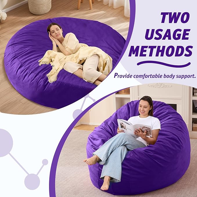 7FT Bean Bag Chair with Ultra Soft Velvet Cover Bean Bag Sofar with Memory Foam Bean Bag Chairs with Large Size Lazy Sofa for Dorm Office Living Room Bedroom Purple 7'