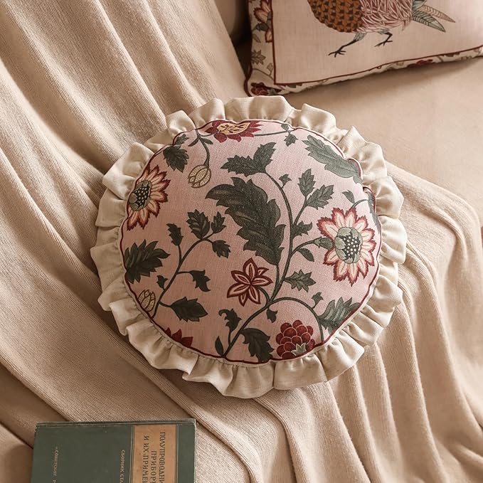 Design Round Pink Floral Linen Throw Pillow Covers Diameter 16" Pack of 2, Vintage Country Flowers Pattern Cushion Covers Decor Pillowcases for Bed,Living Room,Outdoor,Car