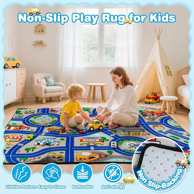 Road Car Rug, 3x5 Ft City Road Rug for Kids, Extra Thick (0.4in) Kids Floor Play Mat and Car Carpet with Realistic Colors - Perfect for Children, Soft and Non-Slip for Playroom and Bedroom