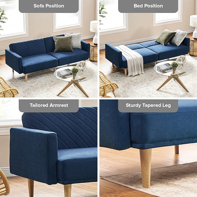 mopio 76.8" Futon Sofa Bed, Small Couch, Sleeper, Loveseat, Mid Century Modern Futon Couch, Sofa Cama, Couches for Living Room (Classic Blue Velvet)