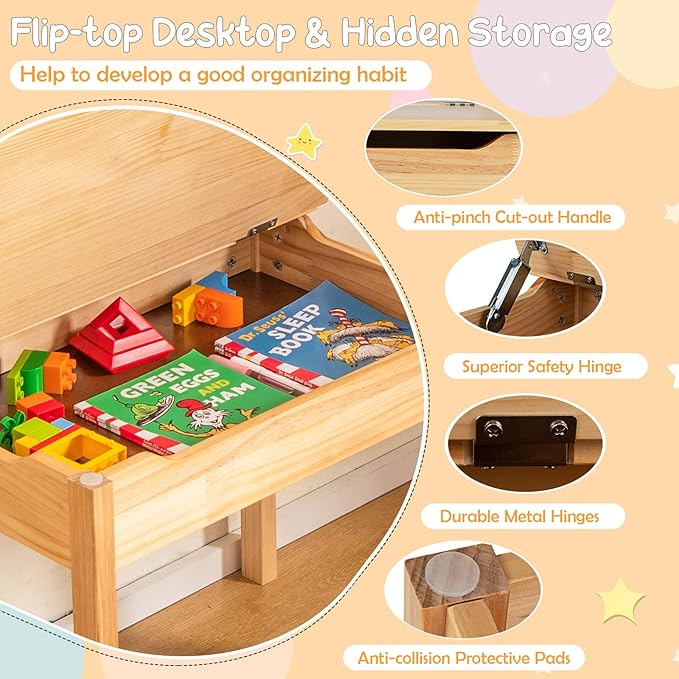 Costzon Kids Table and Chair Set, Flip Top Kids Art Craft Table w/Chair for Playroom Kindergarten, Toddler Drawing Writing Desk Set w/Paper Roll & 2 Markers, Gift for Boys Girls Ages 3+ (Natural)