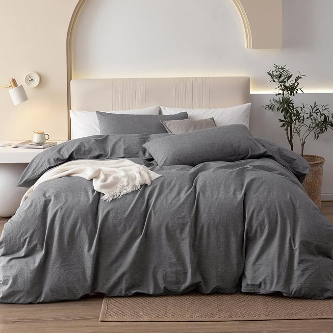 JIYUAN 100% Washed Cotton Duvet Cover Set 3 Pieces King, 1 Duvet Cover 104x90 Inches (Comforter Not Included) and 2 Pillowcases,Linen Feel Bedding Set Comfy and Breathable, Heathered Dark Grey