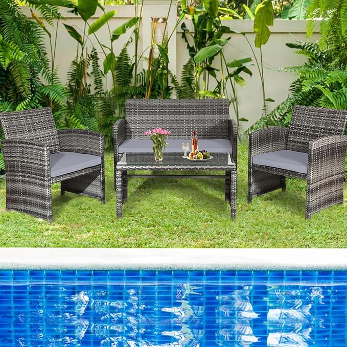 Tangkula 4 Pieces Patio Wicker Conversation Furniture Set, Patiojoy Sofa & Table Set w/4 Seats, Outdoor Rattan Sofa Set for Balcony Backyard, Wicker Chair Set with Tempered Glass Coffee Table