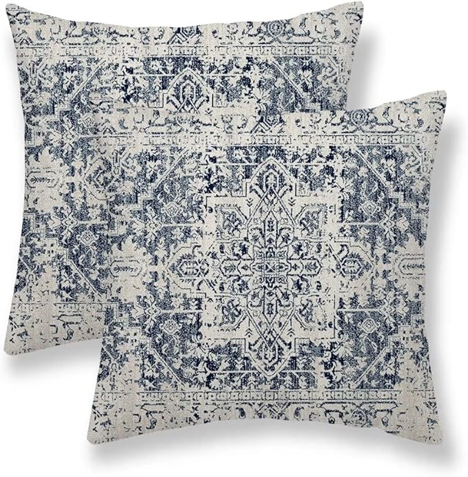 Boho Pillow Covers 16x16 Set of 2, White Navy Blue Carpet Pattern Outdoor Decorative Throw Pillows Ethnic Rustic Farmhouse Linen Cushion Cases for Couch Sofa Decor