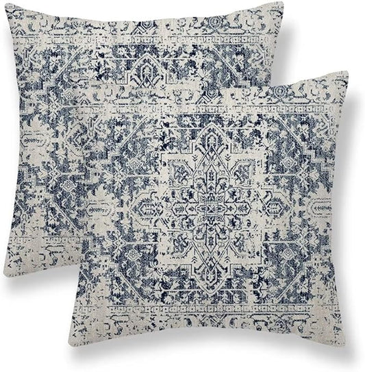 Boho Pillow Covers 18x18 Set of 2, White Navy Blue Carpet Pattern Outdoor Decorative Throw Pillows Ethnic Rustic Farmhouse Cushion Cases Linen Gifts for Couch Sofa Decor