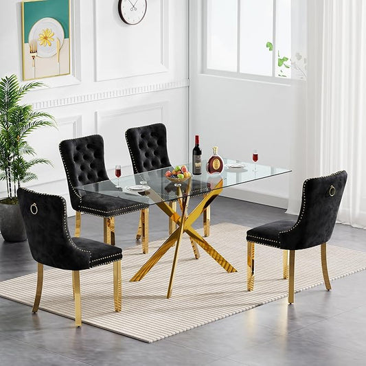 Goujxcy Glass Dining Table Set for 4, Modern Kitchen Table and Chairs Set of 4, 5-Piece Kitchen Dining Room Table Set w/61 Glass Gold Dining Table and 4 Black Velvet Upholstered Chairs