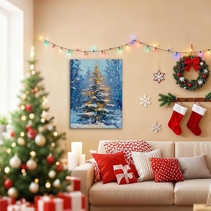 Framed Christmas Pictures Wall Decor,Vintage Pine Tree Prints,Winter Christmas Canvas Wall Art Decoration for Bedroom Bathroom Living Room Rustic Xmas Holiday Gifts (Christmas Tree 1, 24'' X 36'')