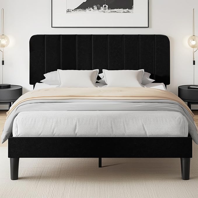 VECELO Queen Size Bed Frame with Upholstered Headboard, Velvet Platform Bedframe Mattress Foundation, Strong Wood Slat Support, No Box Spring Needed,Black