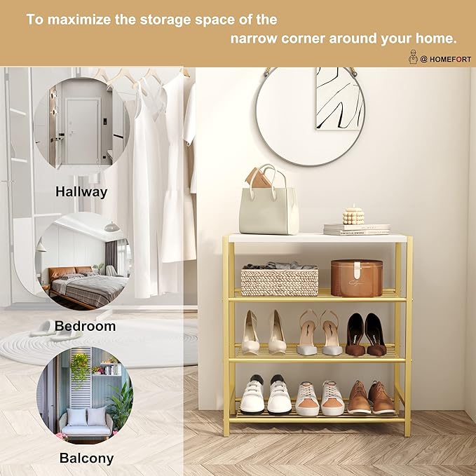HOMEFORT 4-Tier Shoe Rack, Shoe Storage Shelf, Industrial Shoe Tower, Narrow Shoe Organizer for Closet Entryway, Small Shoe Rack Table with Durable Metal Shelves, Gold