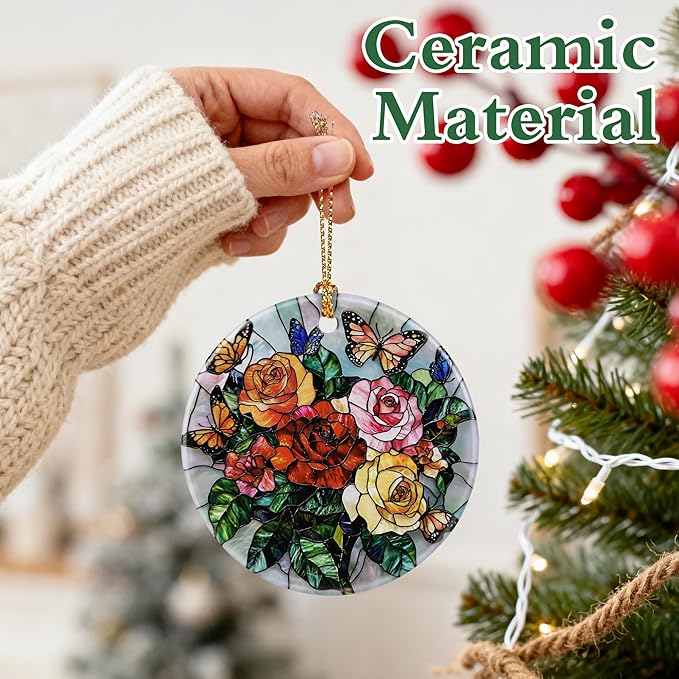 Butterfly & Rose Ornament | Christmas Ornaments, Christmas Decorations, Hanging Ornaments for Tree, Holiday Decor Gifts | Gifts for Flower Lover, Women, Friend, Neighbor | Gift Exchange Ideas