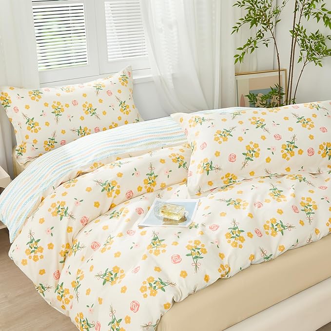 SAPHREAS Yellow Floral Duvet Cover Set King Size 3pcs Garden Style Botanical Blossom Bedding Comforter Cover Set 100% Cotton 1 Duvet Cover 104"x90" 2 Pillow Shams, Comforter Not Included