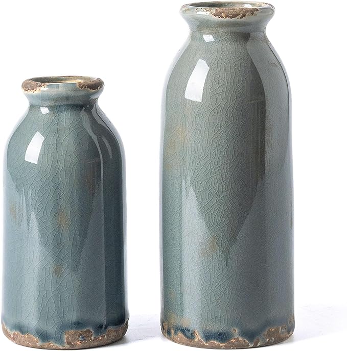 VICTOR & TERESA Blue and Grey Ceramic Vase Home Decor, Farmhouse Vases for Flowers, Flower Vase Set of 2, Rustic Decorative Vases for Pampas Grass, Table, Living Room, Shelf, Centerpieces, 8 inch