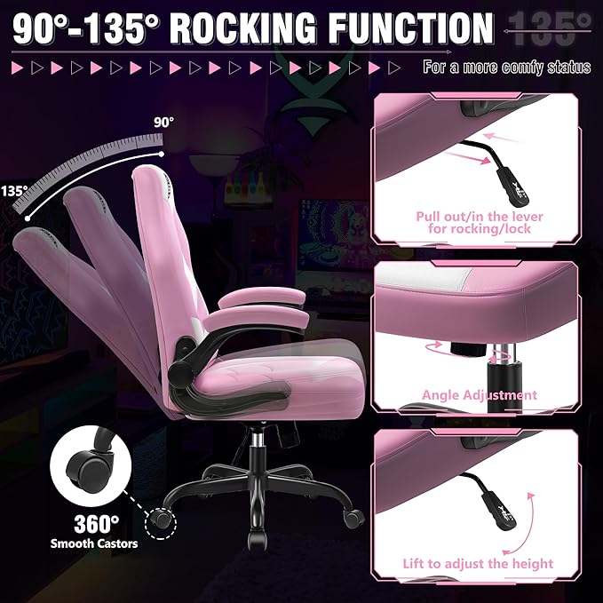 Gaming Chair, Leather High-Back Home Office Desk Chair with Flip-Up Arms, Ergonomic Padded Rolling Wheels Swivel Tilt Gamer Computer Chair with Comfy Lumbar Support, Height Adjustable, Pink