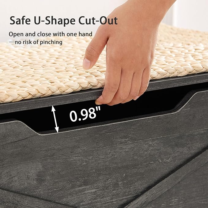 VECELO 30" Farmhouse Style Storage Bench, Entryway Shoe Ottoman, with Handwoven Cushion, with Metal Safety Hinges, for Bedroom, Living Room, Entryway, Grey