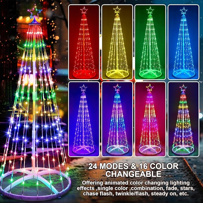 2 Pack 9ft Christmas LED Cone Tree Lights Outdoor Decoration 24 Modes Color Changing with Timer Foldable Lighted Yard Trees Waterproof String Lights Holiday Decor for Christmas New Year Xmas