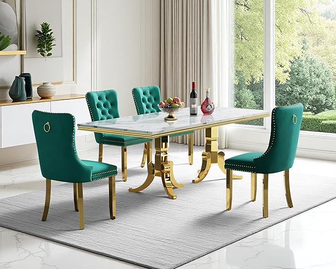 Goujxcy Faux Marble Dining Table Set for 4, Modern 5-Piece Dining Table Set with 4 Velvet Upholstered Chairs, 70" Large Long Faux Marble Kitchen Dining Room Table and Chairs with Stainless Steel Legs