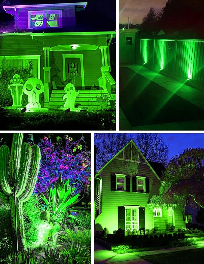 Halloween Green Landscape Lights Outdoor, 14 LED Landscape Lighting with US Plug, IP65 Waterproof Spotlights for Tree Yard Garden Pathway St. Patrick's Day Christmas Decor 4 Pack