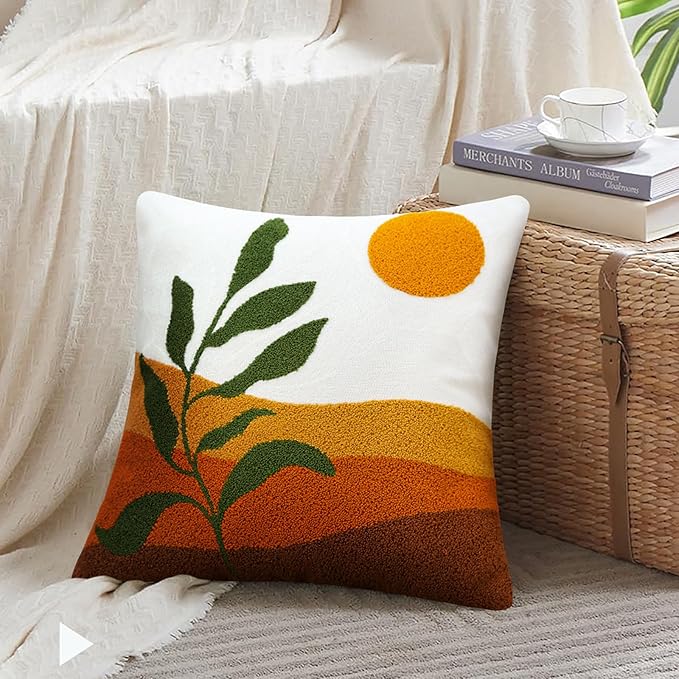 Merrycolor Boho Decorative Throw Pillow Covers Abstract Tufted Mid Century Modern Throw Pillows Green Leaf Sun Aesthetic Textured Pillow Cover Decorative Throw Pillows for Bed Couch Sofa,18x18