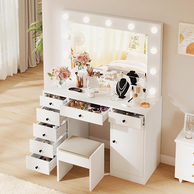 Garvee White Vanity Desk with Mirror and Light, Makeup Vanity Table with Charging Station, 7 Storage Drawers, 1 Cabinet, 3 Color Lighting Modes, Modern Wooden Dressing Table for Bedroom