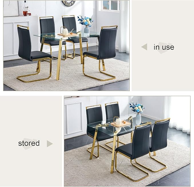 Dining Table Set of 4,51" Rectangle Tempered Glass Table Top with Golden Metal Legs,Kitchen Room Table with 4 Black Faux Leather Chairs,Dinner Tables Set for Dining Room Office
