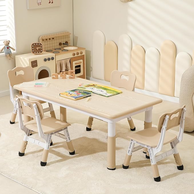 Kids Table and 4 Chairs Set, Height Adjustable Toddler Table and Chairs Set, Graffiti Desktop Children Activity Table for Ages 2-10, Daycare, Classroom, HOM