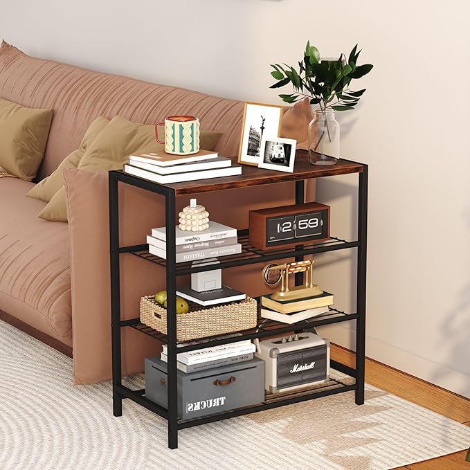 Yusong Shoe Rack Organizer, 4 Tier Industrial Shoe Storage Shelf, Narrow Sturdy Metal Shoe Shelves for Closet Entryway, Rustic Brown