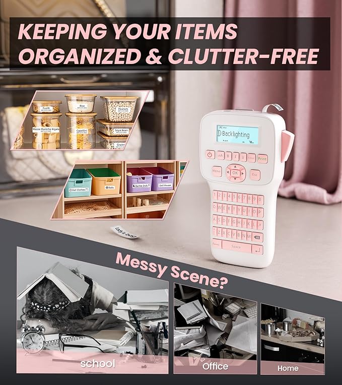 Pink Label Maker, Rechargeable Label Makers with Keyboard, Handheld Label Maker Machine with Bluetooth Backlit Large Display LM1600, Portable Labeler for Home & Office Organization School Kids