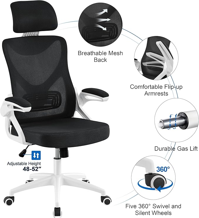 Yaheetech Ergonomic Mesh Office Chair, High Back Desk Chair with with flip-up Armrests, Adjustable Padded Headrest Computer Chair with Lumbar Support for Home Oiffce Game Room, White/Black