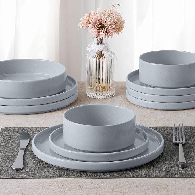 E-far Dinnerware Sets for 8, 24-Piece Stoneware Plates and Bowls Dish Set, Modern Kitchen Dinning Dishware, Chip and Scratch Resistant, Microwave & Dishwasher Safe, Speckled Gray