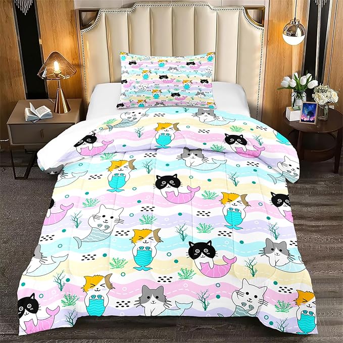 Cat Twin Bedding Set 2Pcs - Cartoon Mermaid Tail Cat Twin Comforter Set for Girls Bedroom Ultra Soft Warm Kitty Comforter Set for Girls Room Decor with 1 Cat Comforter and 1 Pillowcase, Twin Size