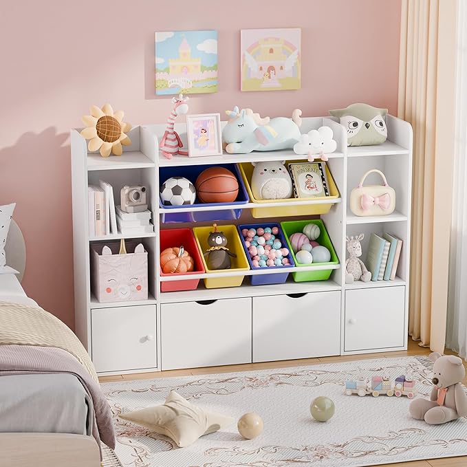 Xilingol Kids Toy Storage Organizer W/6 Removable Toy Bins, 4-Tier Toy Organizers W/6 Storage Cubbies and 2 Movable Drawers, Kid Bookshelf and Toy Storage for Playroom, Bedroom, Kids Room (Multicolor)