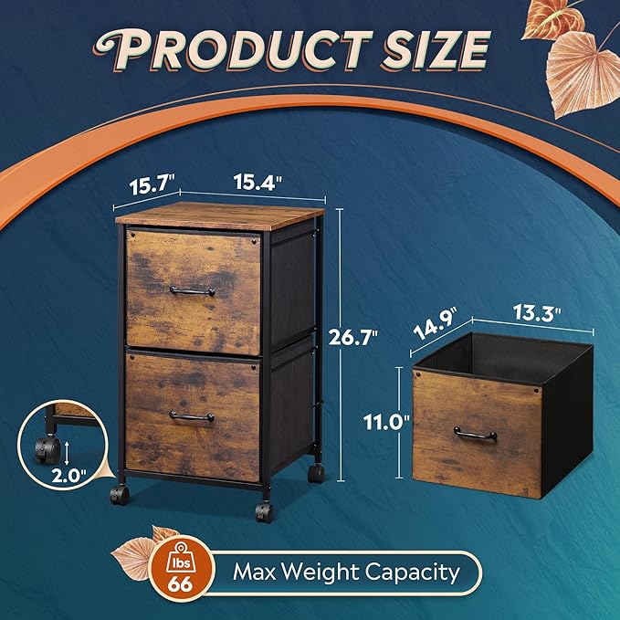 DEVAISE 2 Drawer Mobile File Cabinet, Rolling Printer Stand, Fabric Vertical Filing Cabinet fits A4 or Letter Size for Home Office, Rustic Brown Wood Grain Print