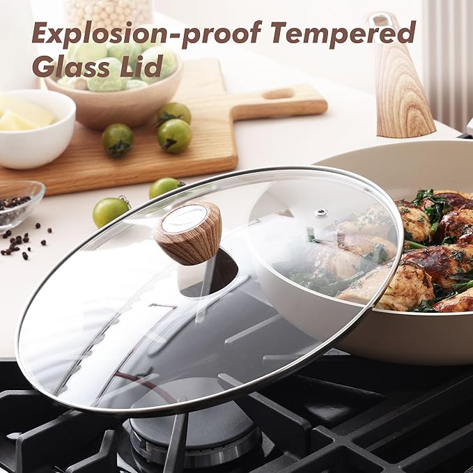 SENSARTE Ceramic Nonstick Frying Pan Skillet with Lid 11inch, Non Stick Pan Omelette Pans, Non-toxic Kitchen Cooking Chef's Pan, Free of Intentionally Added PFOA/PFAS/PTFE, Induction Compatible, Taupe