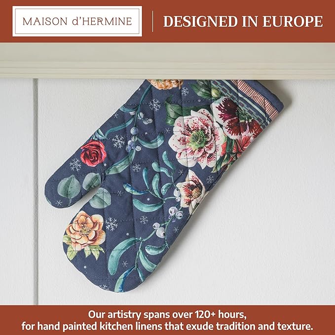 Maison d' Hermine Oven Gloves 100% Cotton Oven Mitt 7" x 13" with Loop Heat Resistant BBQ Cooking Gloves for Thanksgiving Christmas Decorations Baking Handling Hot Pans (Pack of 1, Christmas Joy)