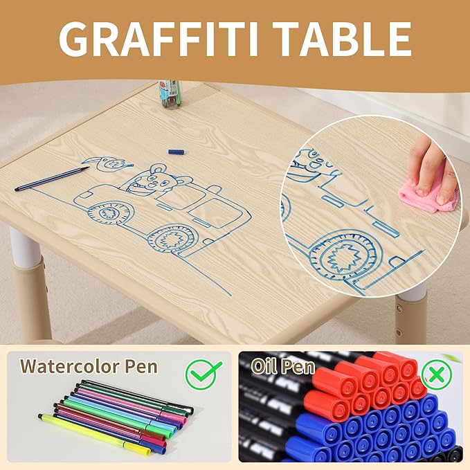 Toddler Table and Chairs, Kids Table and 4 Chairs Set with Graffiti Desktop, Height-Adjustable Kids Study Table for Boys and Girls Aged 3-8, Max 300lbs
