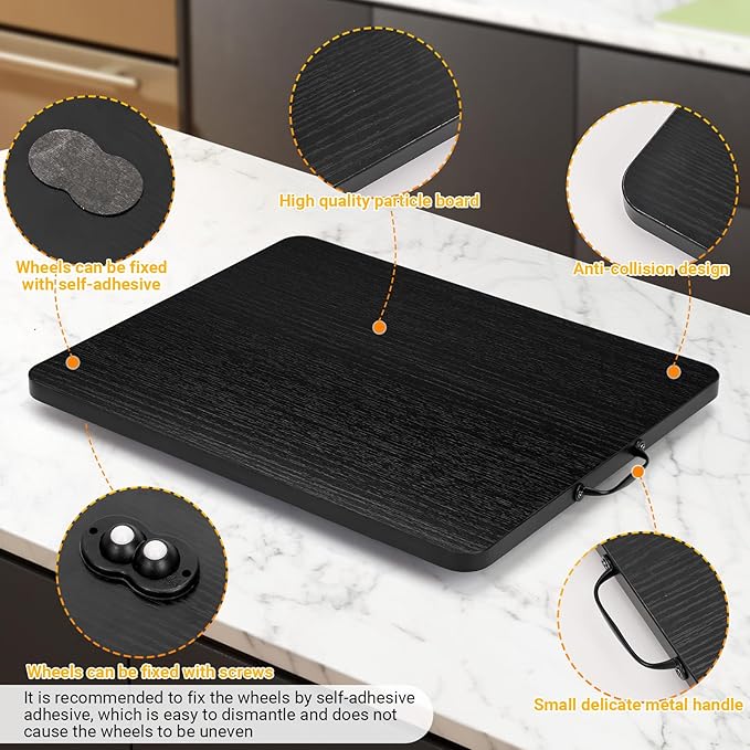 360° Rotatable Sliding Tray for Kitchen Appliances, Wooden Sliding Tray for Coffee Maker, Coffee Pot Slides for Countertop Installation, Easy to Slide (Black, Large)