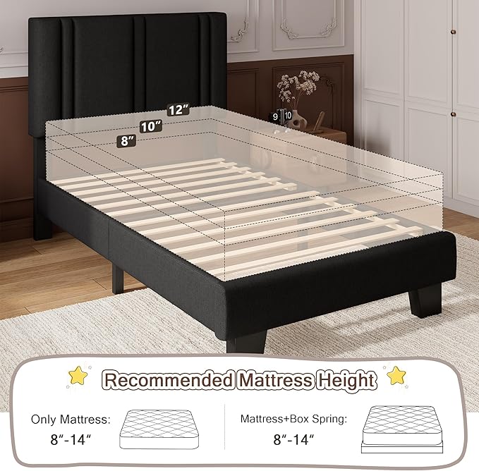 iPormis Twin Platform Bed Frame with Fabric Upholstered Headboard & Thickened Legs, Mattress Foundation with Solid Wooden Slats Support, No Box Spring Needed, Noise Free, Black