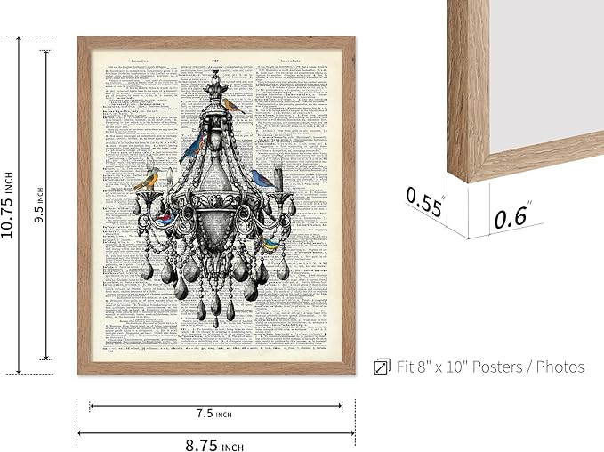 Poster Master Dictionary Art Poster - Antique Chandelier Print - Bird Art - Baroque Art - Gift for Men & Women - Chic Decor for Living Room, Dining Room, Bedroom or Kitchen, 8x10 Beige Framed
