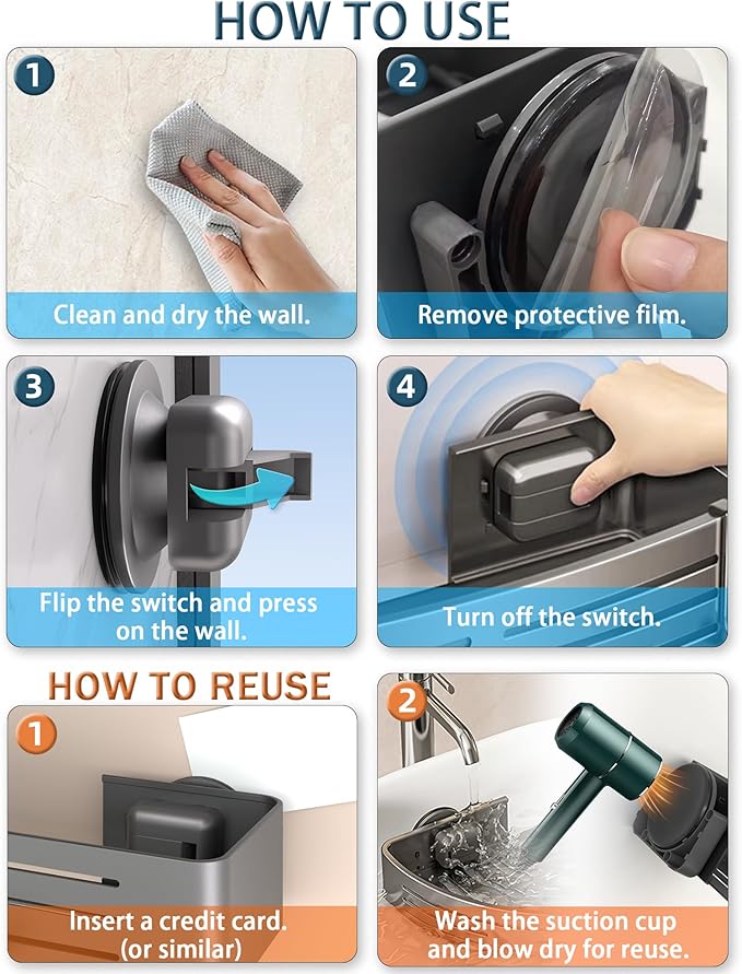 Onemake Shower Caddy Suction Cup, No Drilling Bathroom Shower Shelf, Corner Shower Caddy with 6 Portable Hooks, Removable Bath Organizer with Towel Bar for Bathroom Storage(Gray)