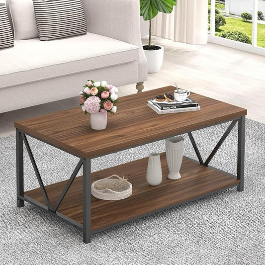 FOLUBAN Coffee Table, Modern Center Table with Storage Shelf, Rustic Wood and Metal Cocktail Table for Living Room, 39.3 Inch Walnut
