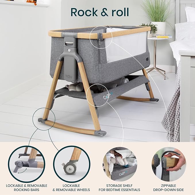CoZee® Air Baby Bassinet & Bedside Sleeper - Rocking Bassinet for Baby, Fast-Folding with Travel Bag, Deluxe Airflow Mattress & 6 Mattress Heights, 0-6 Months (Oak & Charcoal)