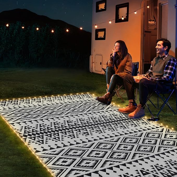8x10ft Waterproof Outdoor Rug with LED Lights, Bohemia Reversible Plastic Straw Mat for Patio RV Camping Picnic Balcony Beach Deck Indoor Outdoor Carpet, Black&White